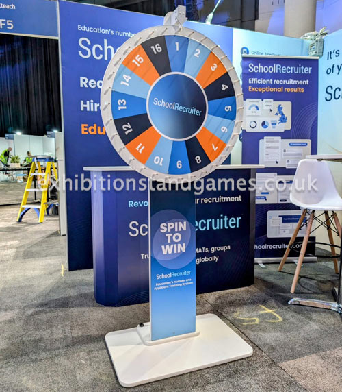 Hire a custom branded prize wheel game for your expo stand or brand activation Custom branded Prize Wheel game hire